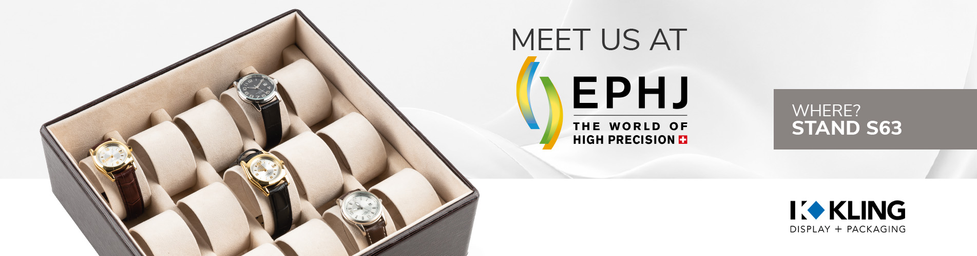 EPHJ banner featuring Kling Display + Packaging and a premium watch box as an example of professional watch presentation.