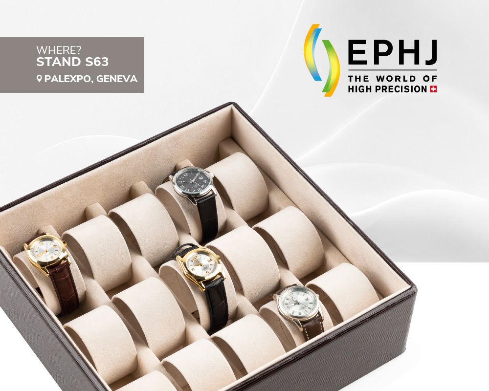 Kling trade fair meeting at EPHJ 2026 in Geneva, booth S63, featuring a premium watch box for professional product presentation.