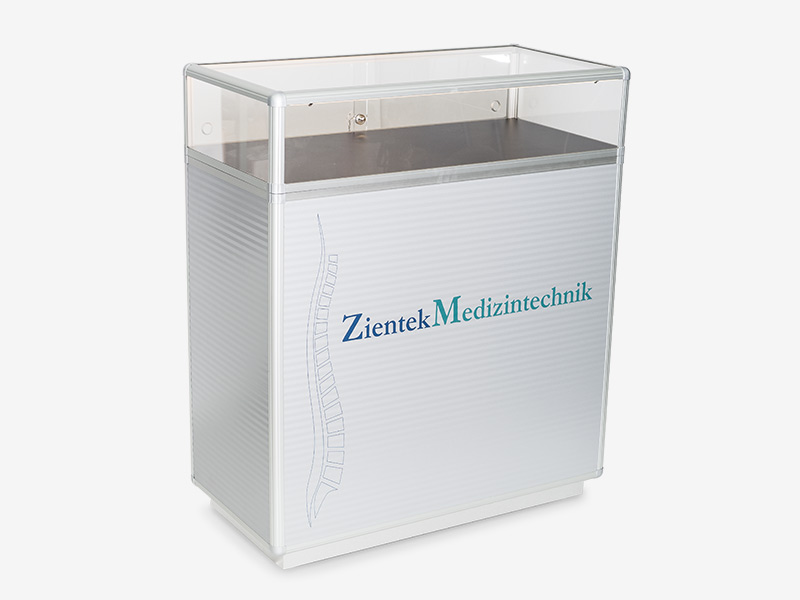 Alu Cube Verkaufstheke in silber für Zientek Medizintechznik